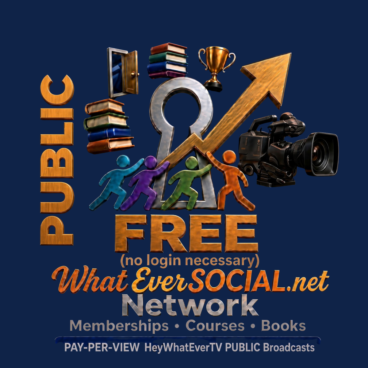 WhatEverSOCIAL.net Network logo: PUBLIC, FREE (no login necessary), Memberships • Courses • Books, PAY-PER-VIEW HeyWhatEverTV PUBLIC Broadcasts